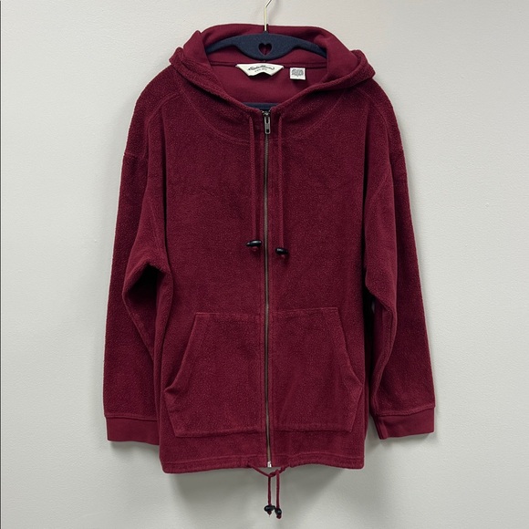 Eddie Bauer Tops - Eddie Bauer Plush Burgundy Red Full Zip Hoodie with Pouch Pocket Large Petite
